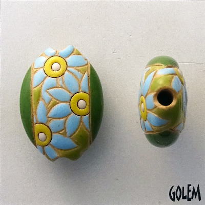 Light Blue Flowers, stoneware almond bead size M