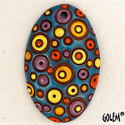 Oval domed pendant, light blue/coral/yellow