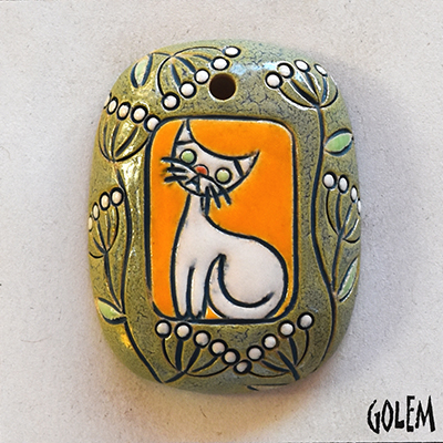 White kitty - large rectangle pendant