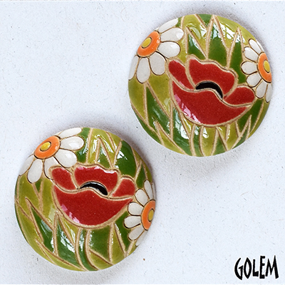 large round cabochon, daisies & poppies