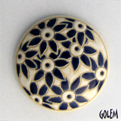 round domed cabochon, blue  flowers on white