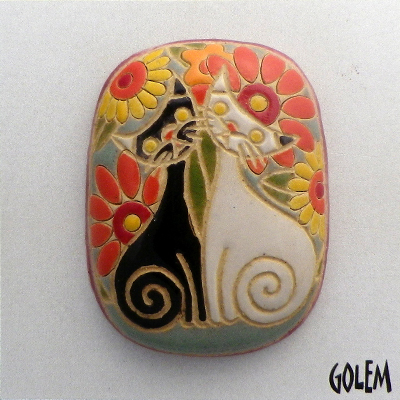 oval rectangle cabochon, 2 cats