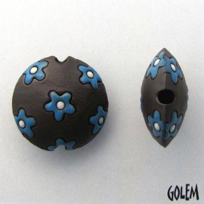 Dark lentil bead, neon blue flowers