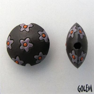 Dark lentil bead, purple flowers