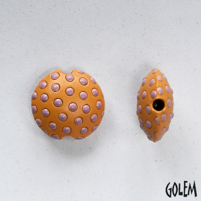 pink polka dots on ochre, lentil, size S