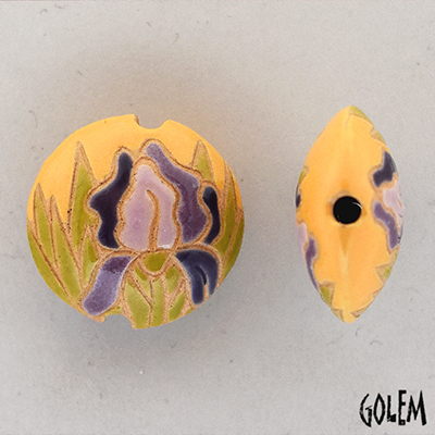 Blue Irises on yellow - lentil bead, size M