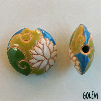 White Lotus, on green & ochre- lentil bead, size M