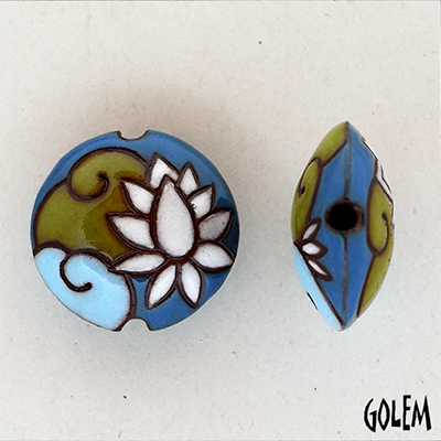 White Lotus, on green & blue - lentil bead, size M