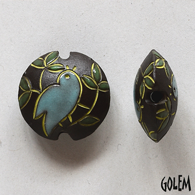 Blue songbird on dark clay, lentil bead size M