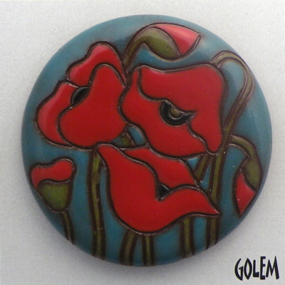 round cabochon, red poppies on blue