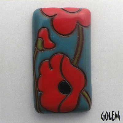 Red poppies on blue, rectangle cabochon