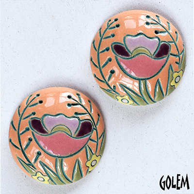 2 small round cabochons, poppies on pink