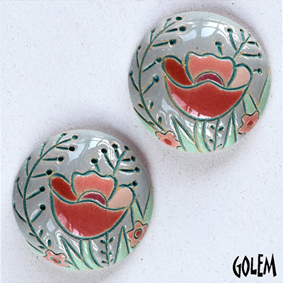2 small round cabochons, poppies on light grey