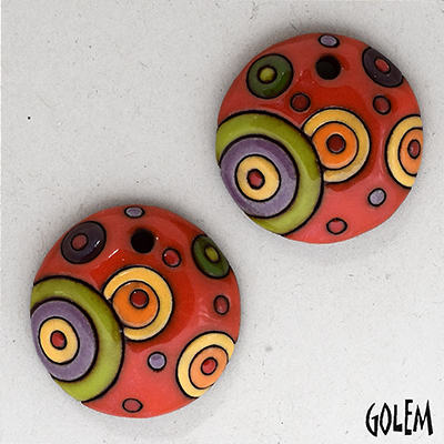 Circles, green/purple on coral, 2 small pendants