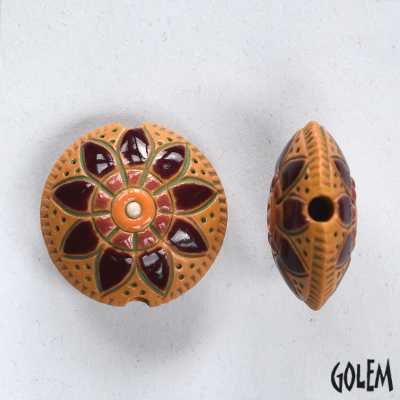 Dark Wine Flower, ochre lentil bead size M