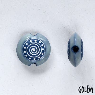 White Swirl on blue clay, blue rim, lentil size S