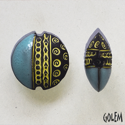 Swirls & dots, Yellow & Blue on dark clay, size M