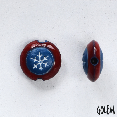 Snowflake on blue clay, red rim, lentil size S