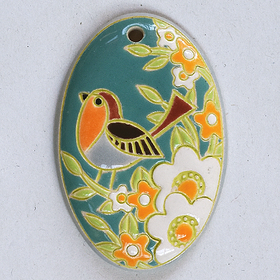 Bird & flowers, large oval pendant