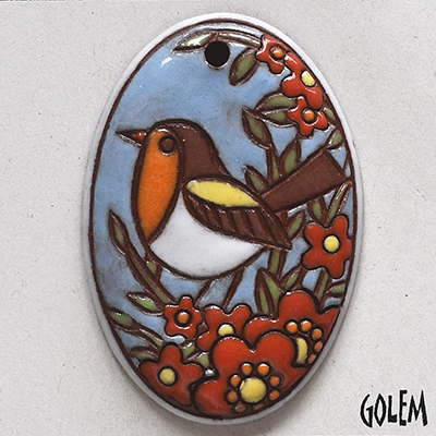 Bird & flowers, large oval pendant