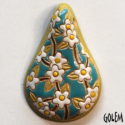 blooming tree on blue, pear shape pendant