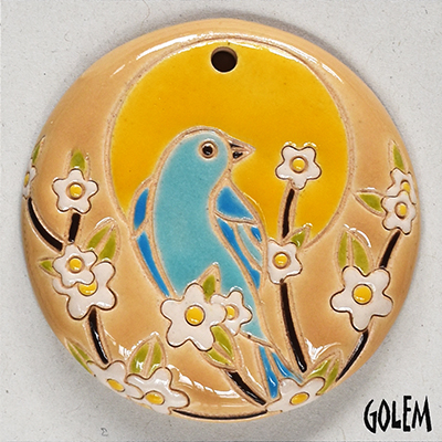 Bluebird sunrise - large round pendant, stoneware