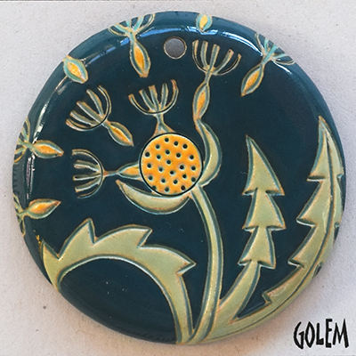 Dandelion -large round pendant, yellow & teal