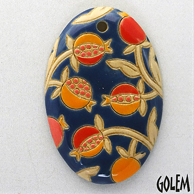 Pomegranates on blue - large oval pendant