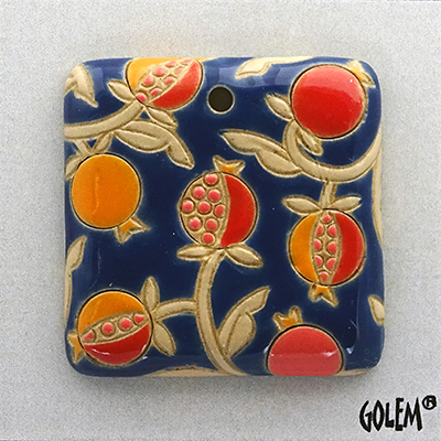 Pomegranates on blue - large square pendant