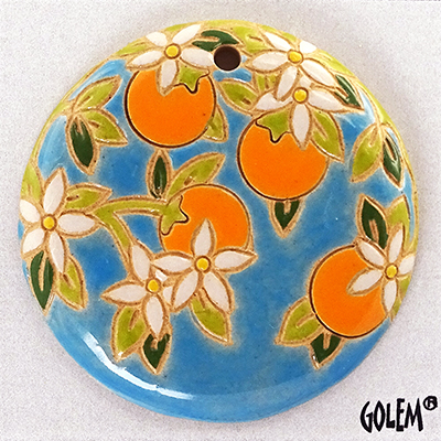 Oranges on blue - large round pendant