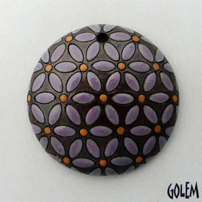 Purple Flowers, Orange Dots on dark clay