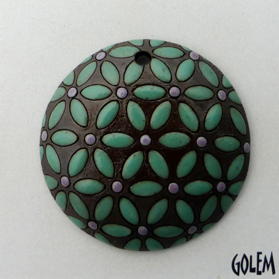 Purple Flowers, Orange Dots on dark clay