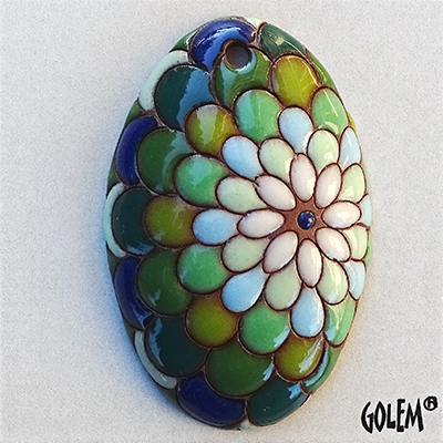 Peacock - cold flame, long oval pendant