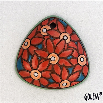 Pale Red flowers flowers on blue, triangle pendant