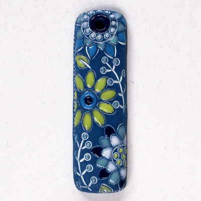 Flowers on blue, long rectangle pendant