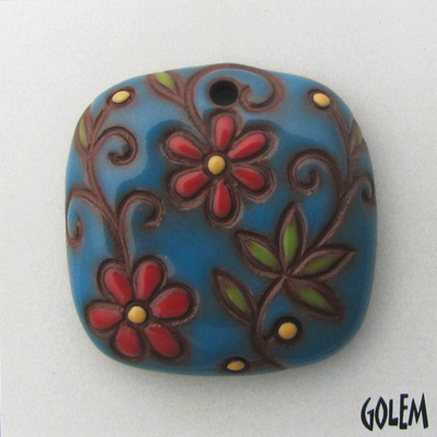 Square pendant, blue on terracotta