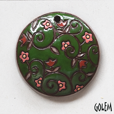 Round, flowers on deep green, terracotta