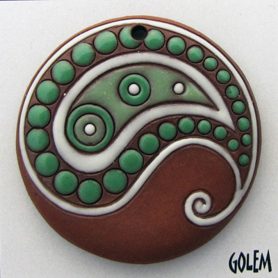 Paisley, large round, green on terracotta