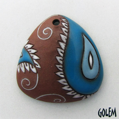 Paisley, domed triangle, blue on terracotta