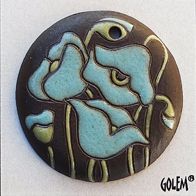 Light blue poppies on dark, large round pendant