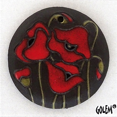 Red poppies on dark, large round pendant