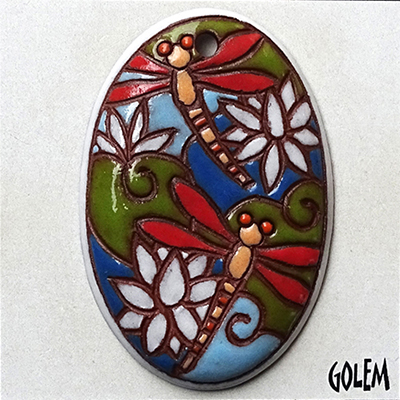 Dragonfly and Lotus - oval pendant