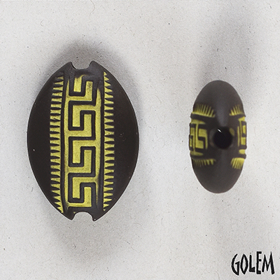 Greek meander, chartreuse on dark almond bead