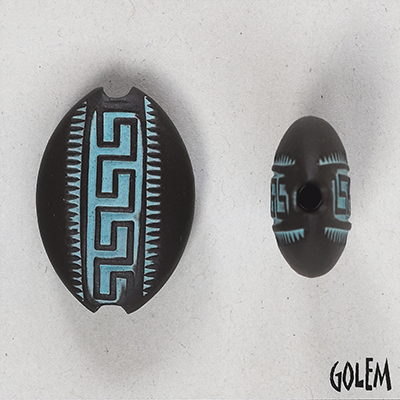 Greek meander, turquoise on dark almond bead