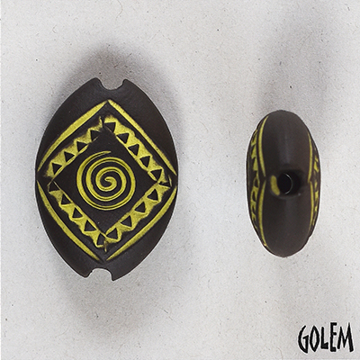 Swirl & triangles, chartreuse on dark almond bead