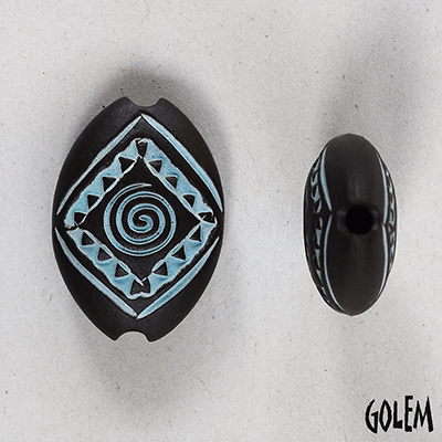 Swirls & triangles, turquoise on dark almond bead