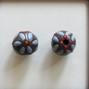 blue leaves, red dots on dark - 4