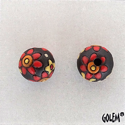 Flowers, dark clay round bead