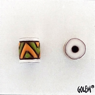 Green & yellow pattern, terracotta barrel bead
