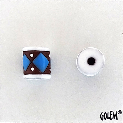 Blue diamonds/white dots - terracotta barrel bead